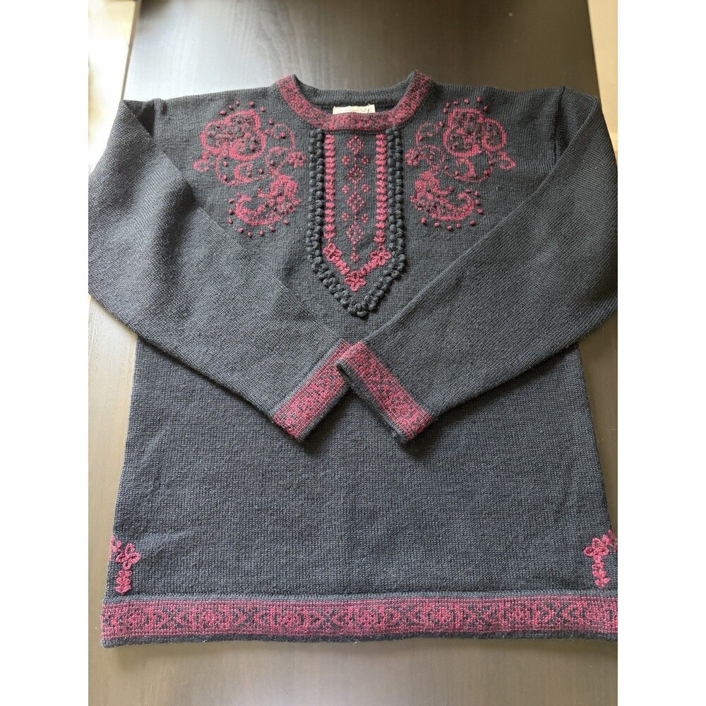 Vintage NOS Susan Bristol Wool Sweater 38 Hand Embroidered Folk 90s Black Red - Picture 2 of 12